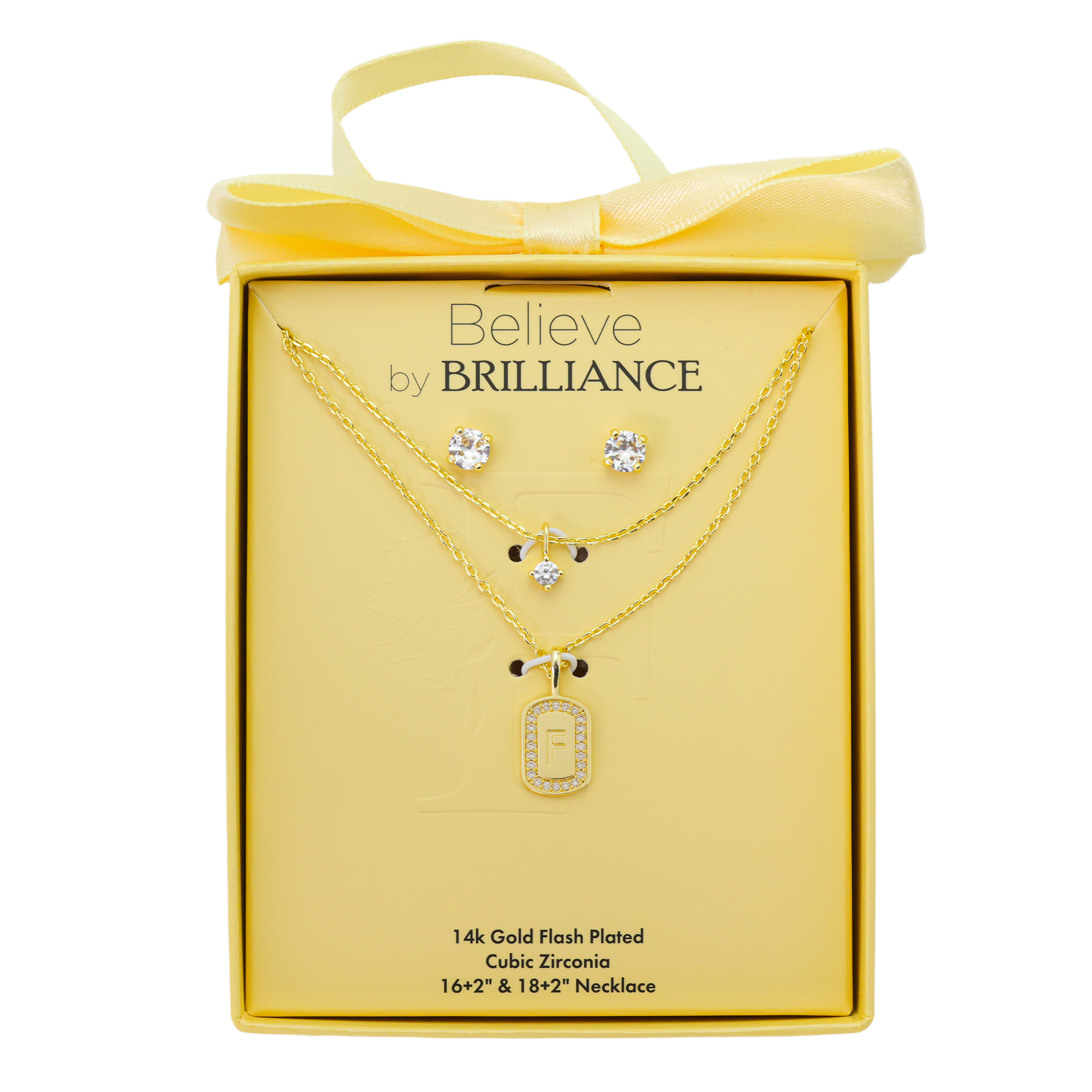 Believe by Brilliance Women's 14Kt Gold Flash Plated Cubic Zirconia Double Layer Tag "F" Necklace and Earring Set
