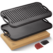 Pre-seasoned 17x9.8" Cast Iron Reversible Griddle Grill Pan with handles for Gas Stovetop Open Fire Oven, One tray, Scrapers Included