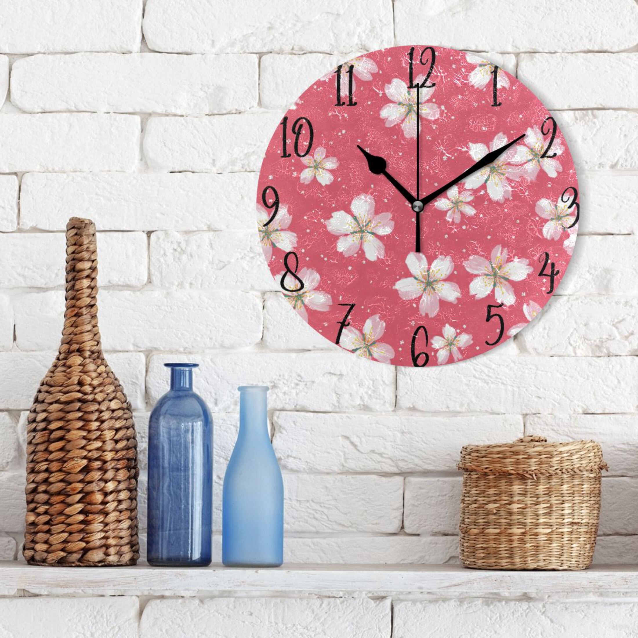 10" Quartz Indoor Wall Clock Silent Mechanism - Delicate Pink Cherry Pattern