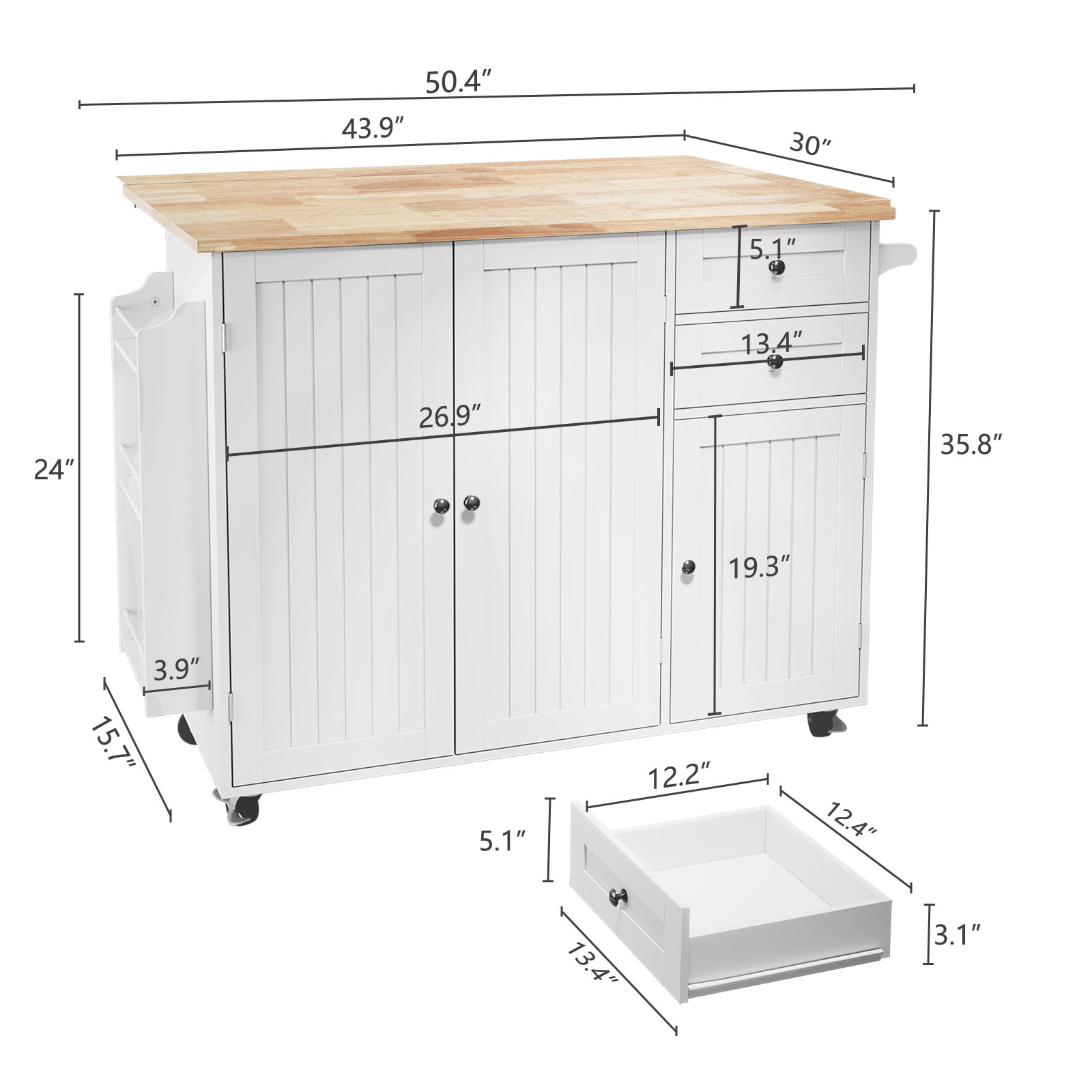 CBJCBJ 50.4" Kitchen Island with Storage, Wood Top Cart with Drop Leaf and Wheels, White