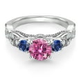 thumbnail image 2 of Gem Stone King 925 Sterling Silver Pink Moissanite Blue Created Sapphire and White Moissanite Engagement Ring for Women (1.35 Cttw, Gemstone, Round 6MM and 3MM, Size 7), 2 of 4