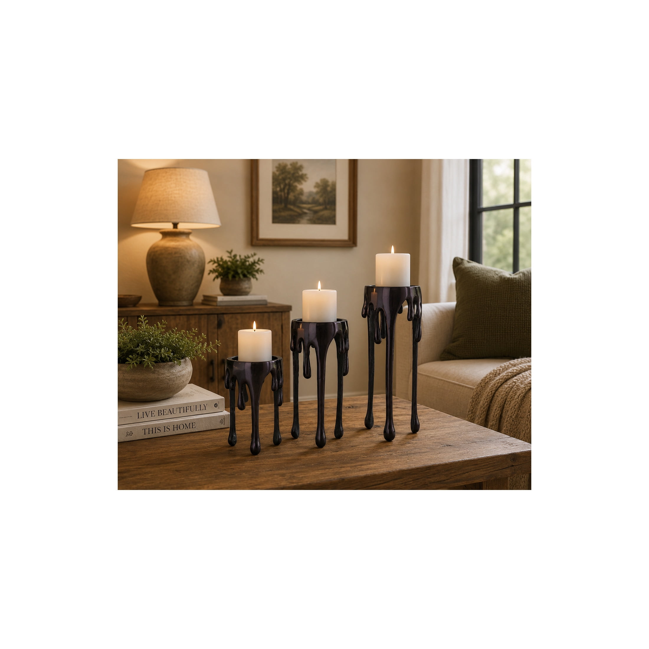 CosmoLiving by Cosmopolitan Contemporary Aluminum 3D Melting Candle Design Candle Holder, Set of 3 12" 10" 8" with Glossy Metallic Black Finish