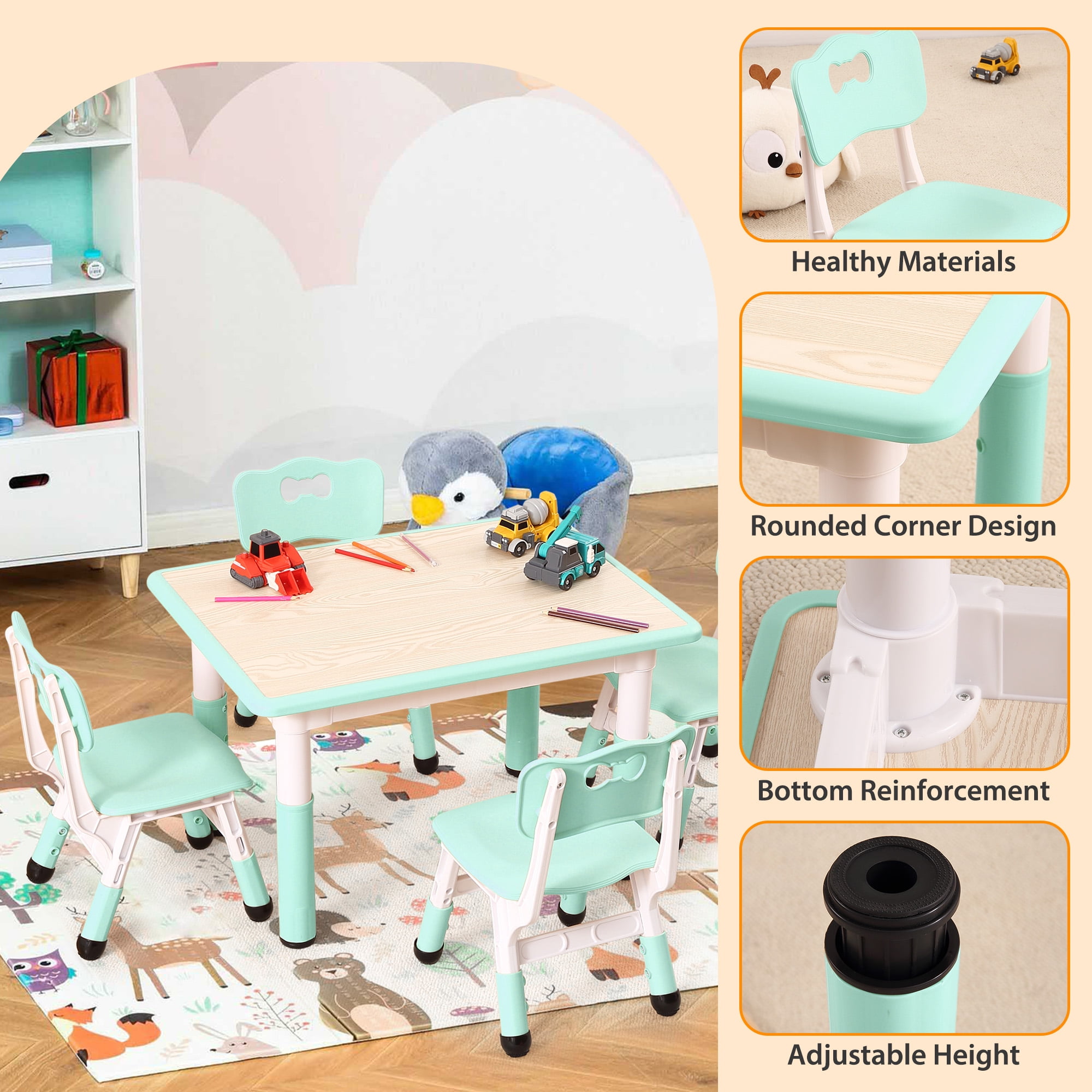 Toddler Table and Chair Set, Height Adjustable Kids Table and Chair Set of 4, Toddler Table for Reading, Drawing, Eating, for Ages Over 3, Light Blue