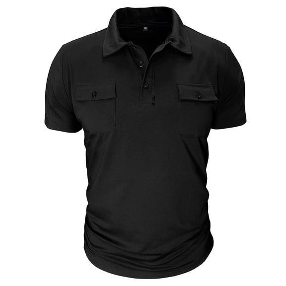 OIOLOYJM Men's Polo Shirts with 2 Pockets Short Sleeve Casual Work Golf Shirt Fashion Basic Sports Outdoor Workout T-Shirt Tops Black L