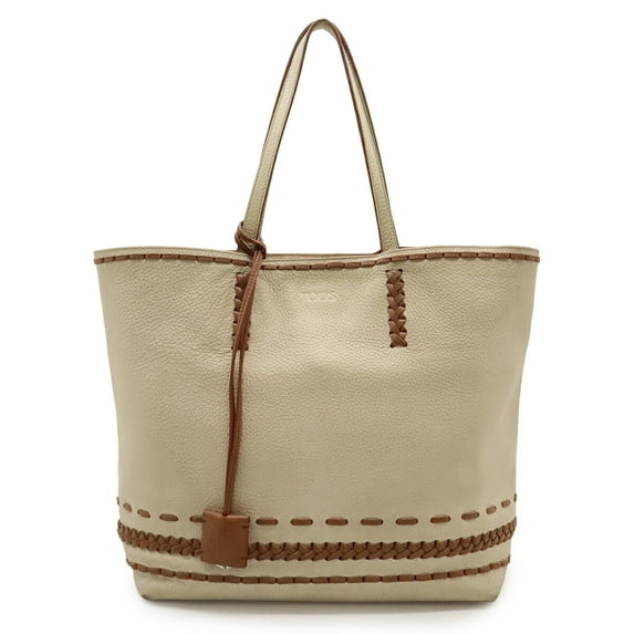 Pre-Owned TOD'S Gypsy Whipstitch Tote Bag, Shoulder Tote, Leather, Beige, Brown