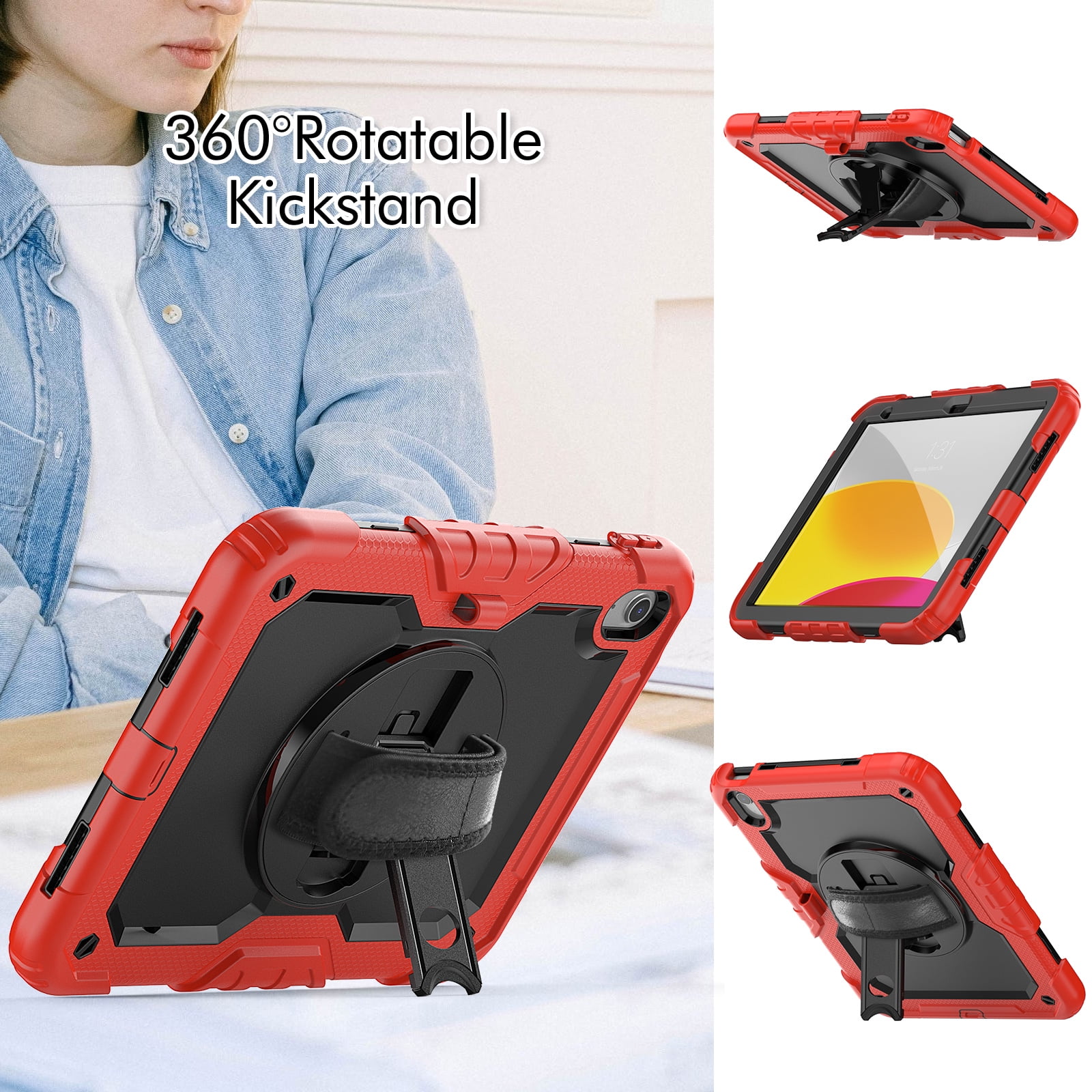 Allytech Shockproof Case for Apple iPad 11th 10th Gen 10.9 " with Build In Screen Protector, Rugged Rotating Stand Shoulder Strap Pencil Holder Bumper Kids Case for Apple iPad 10.9" 2025 2022