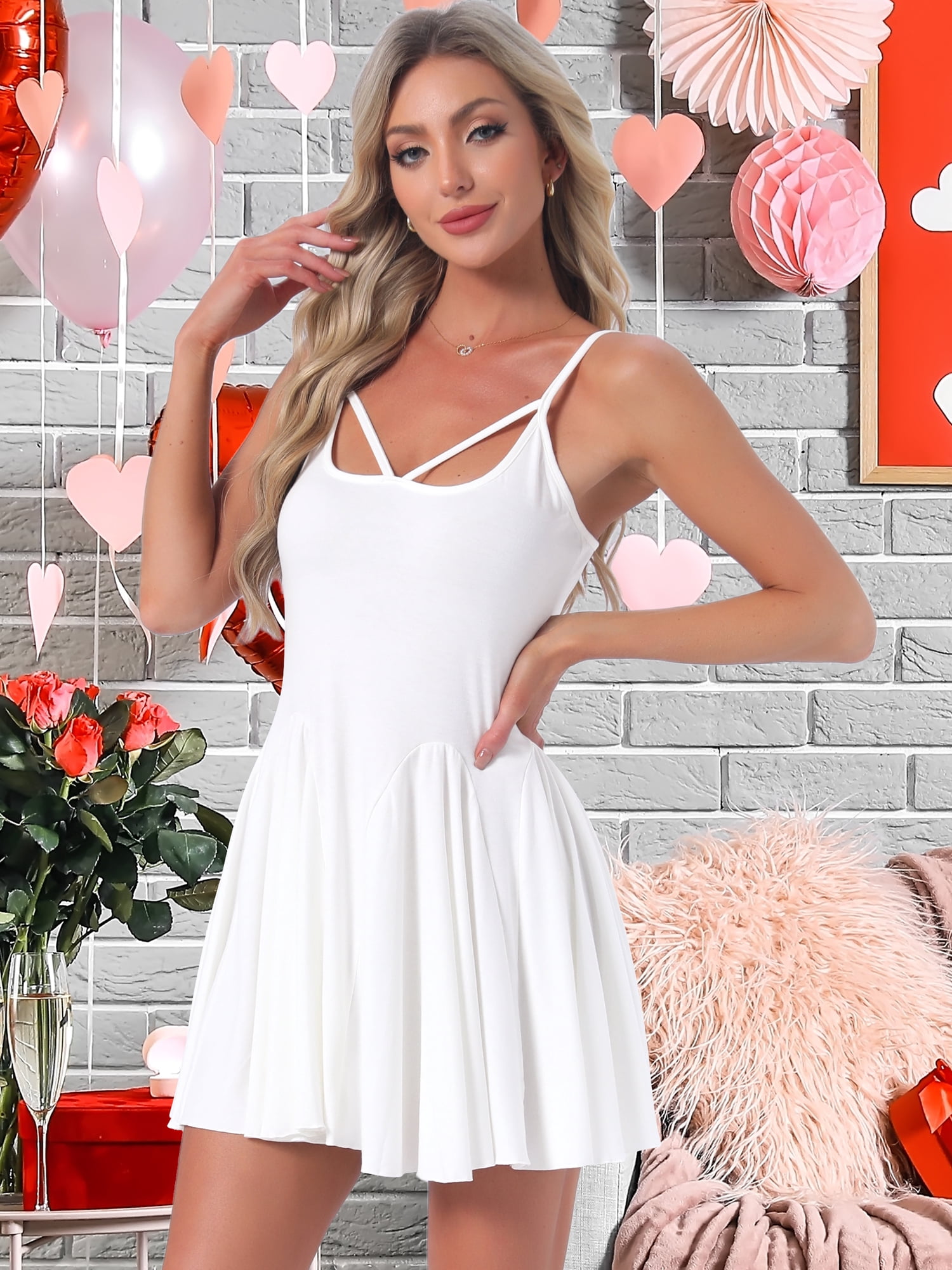 DARING DIVA Women's Nightgown Ruffle Spaghetti Strap Babydoll Chemise Dress M White