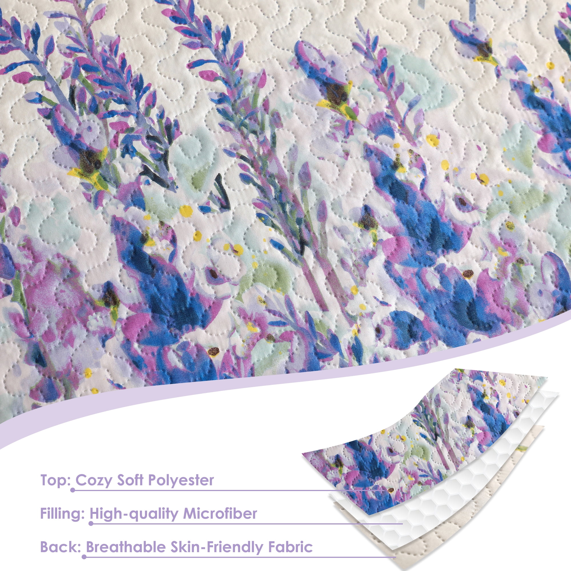 Beartech Floral Quilt Set King Size Purple Hyacinth Butterfly Quilt Lightweight Reversible Microfiber Bedspread Coverlet Bedding Set
