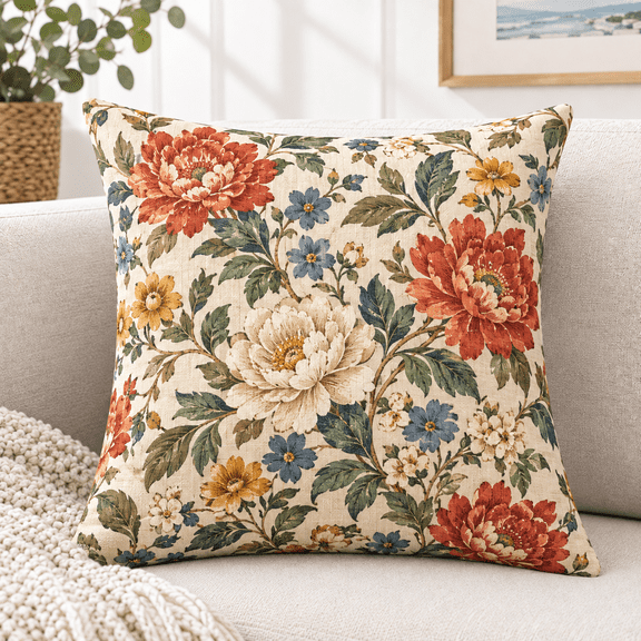 18 x 18 Inch Floral Throw Pillow Covers, 2 Pack, Double-Sided Linen-Look Decorative Cushion Covers for Sofa, Couch, Bed and Farmhouse Home Decor