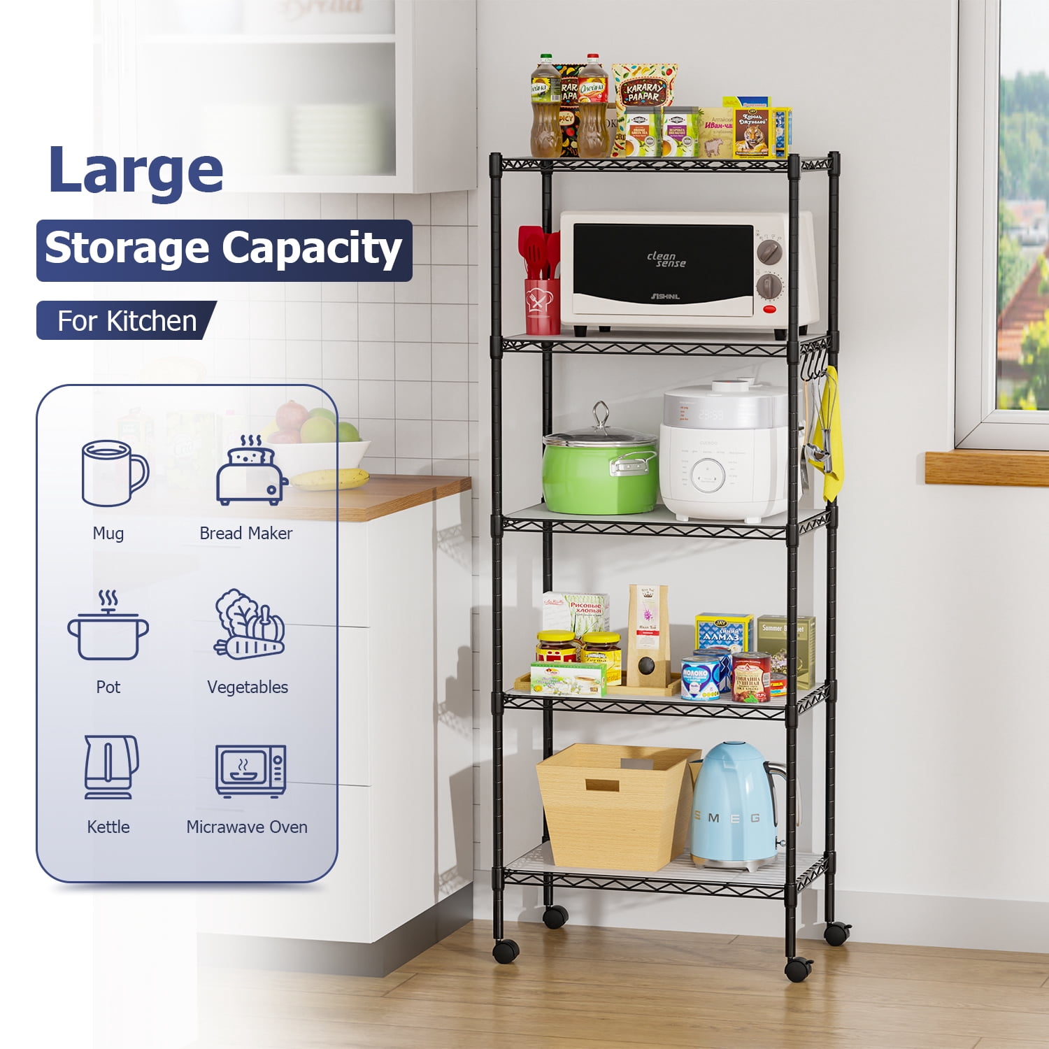 FDW 5-Tier Metal Wire Garage Storage Rack Shelf Unit For Garage/Kitchen,With Wheels,Black