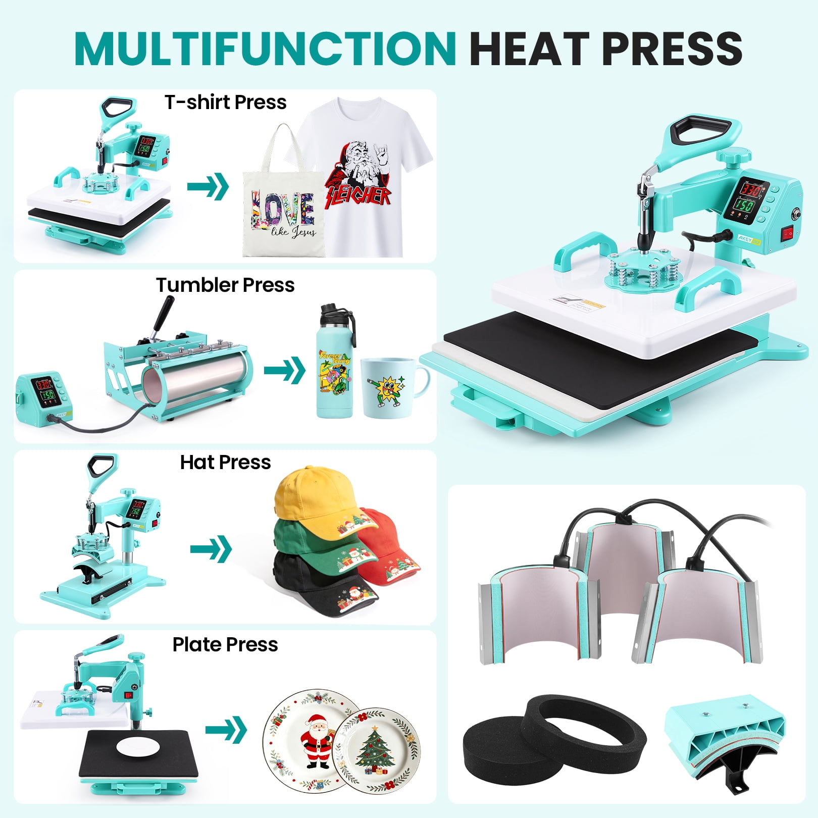 Adnoom Heat Press 15x15, 8 in 1 Multifunctional Shirt Press Machine Combo, 360° Swing Away Sublimation Heat Transfer with LED Display for T-shirts Mugs Hat Plate Cap, Green