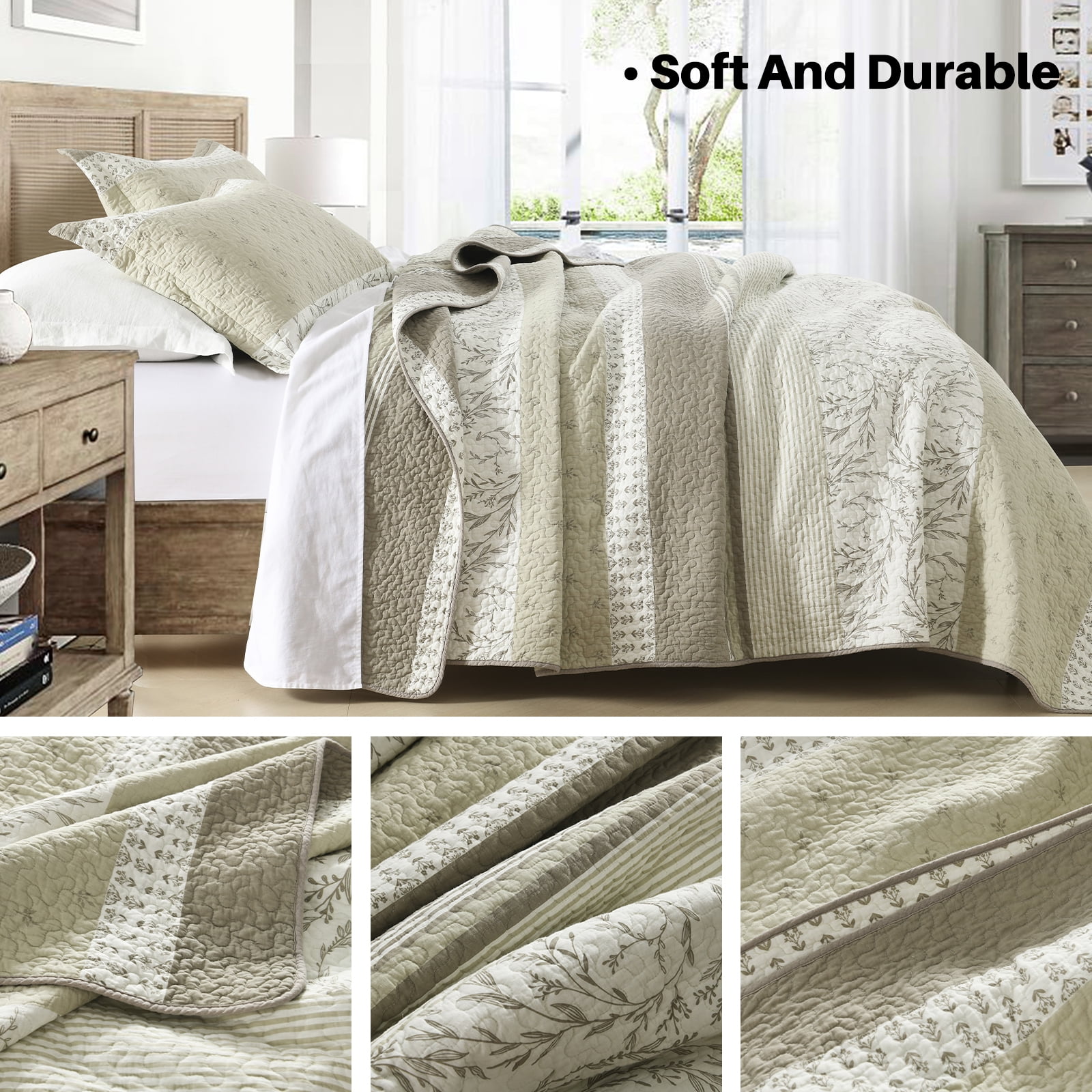 Bedduvit King Size Quilt Set - 100% Cotton Vintage Striped Framhouse Beige Brown King Quilted Bedding Set, Lightweight Reversible Soft Botanical Floral Print Bedspread, Quilts for King Bed, 98x106