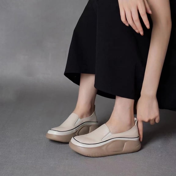 Weloille New Casual Loafers Women's Thick Bottom One Foot Stirrup Maternity Shoes Soft Leather Retro Single Shoes Women's Shoes Casual Shoes