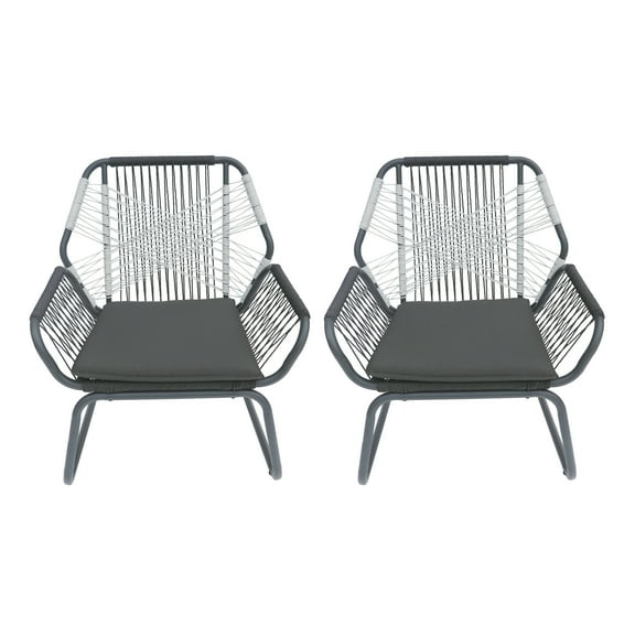 GDF Studio Ava Outdoor Rope and Steel Club Chairs with Cushion, Set of 2, Gray and White