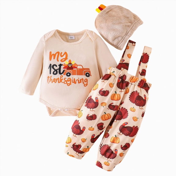 mgoYE Newborn Baby Boy Halloween Thanksgiving Outfit 3 6 9 12 18 Month Long Sleeve Romper Turkey Overalls Pants Set Fleece Hat 3Pcs Fall Winter Clothes(Beige,6-9 Months)