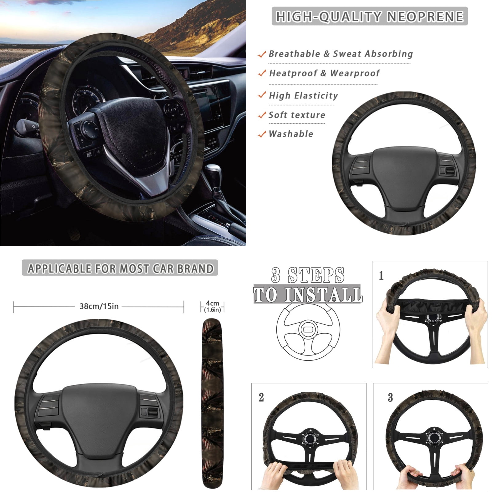 Jeiento Horse Car Seat Cover Full Set of 14 Car Seat Protector Auto Steering Wheel Cover Seatbelt Pads Armrest Cushion American Flag Trash Can Rearview Mirror Cover Handbrake Cover Set Coasters