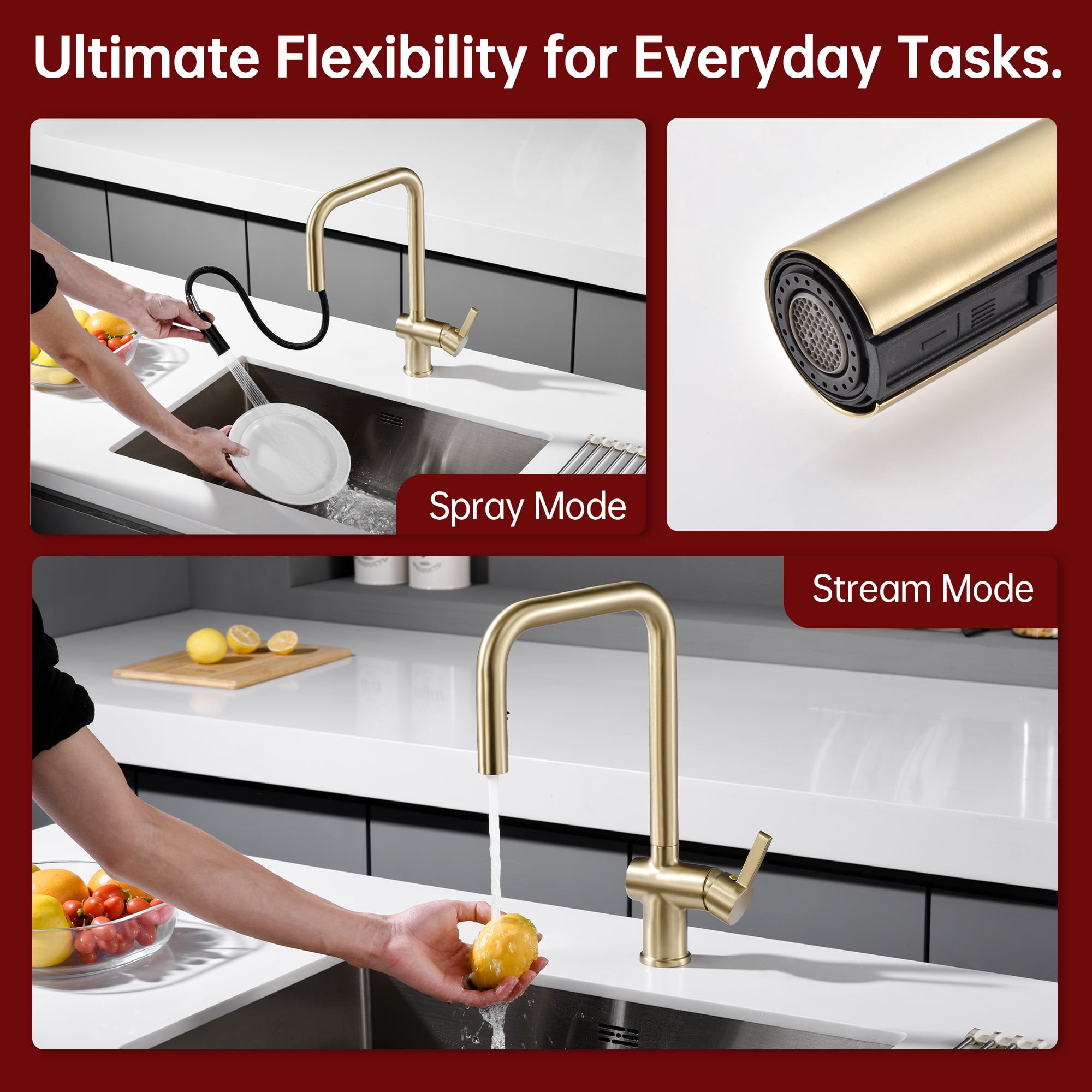 SUMERAIN Brushed Gold Kitchen Faucet with Sprayer, Stainless Steel Pull Down Kitchen Sink Faucet Lead Free
