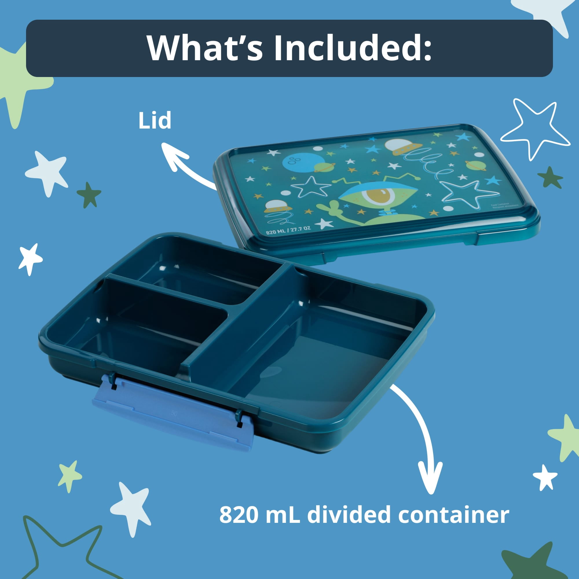 Rubbermaid Pack & Go Alien Laguna Blue 820 mL Large Divided Snack Container, Food Storage Containers, Plastic Containers for Food