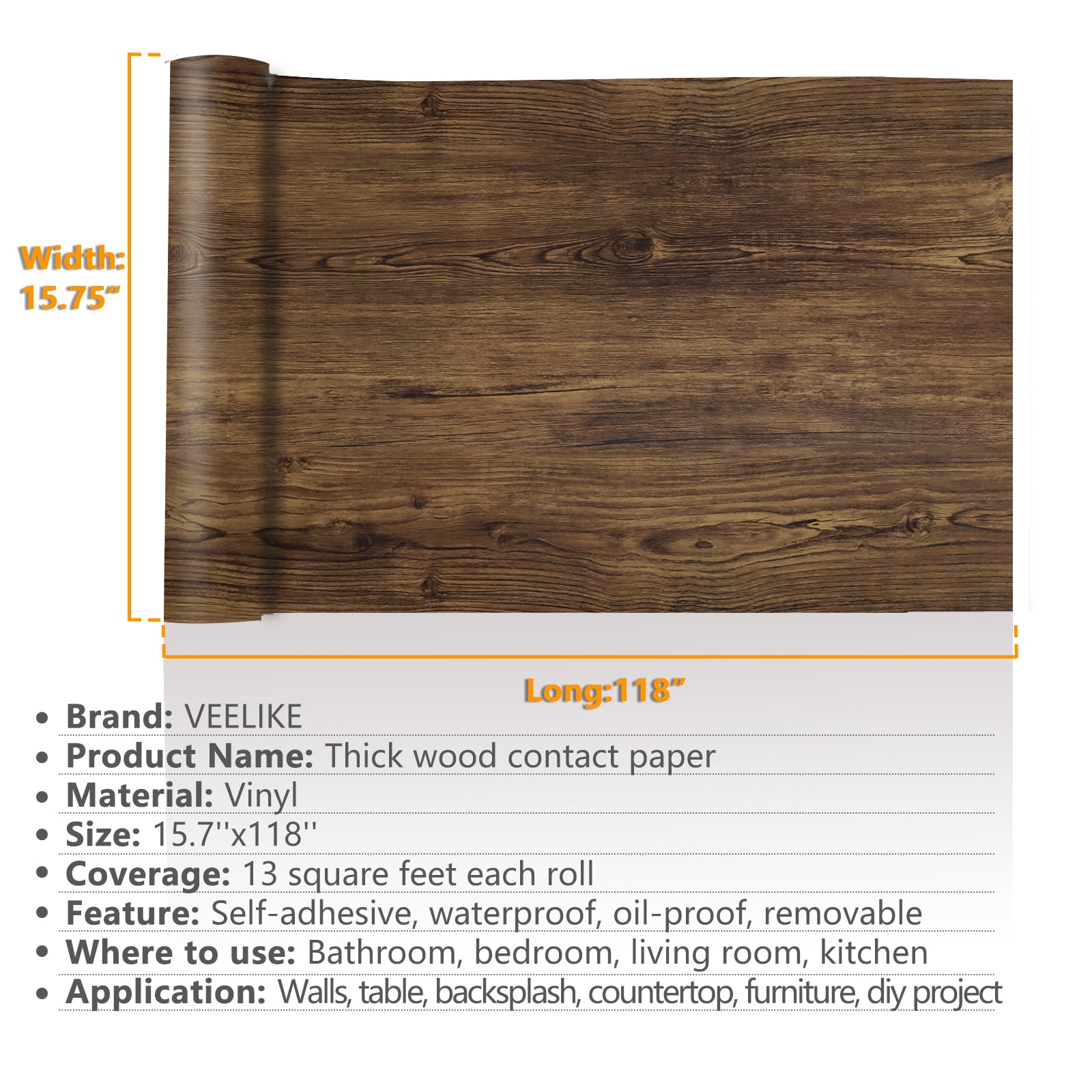 VEELIKE 15.7''x118'' Thick Brown Wood Wallpaper Peel and Stick Wood Contact Paper for Cabinets Self Adhesive Rustic Wood Grain Contact Paper for Countertops Waterproof Wood Look Walls Covering