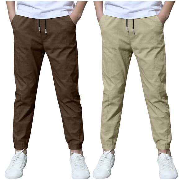 HomeGardon Boys Jogger Pants Linen School Uniform Elastic Waist Drawstring Trousers Solid Color Kids Chino Pants 2PC Casual Loose Twill Summer Boys Pants with Pockets