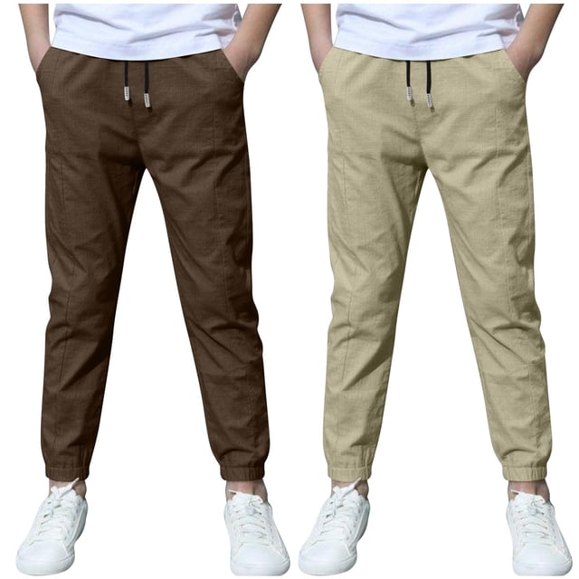 Odeerbi 2 Pack Boys Summer Cotton Linen Jogger Pants Casual Lightweight Elastic Waist Drawstring Sweatpants Para 3-13 Años