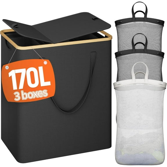 LYYHTY 170L Laundry Hamper with Lid 3 Section, Extra Large Laundry Basket with 3 Removable Bags, Laundry Basket Organizer for Bedroom, Laundry Room, Dorm, Clothes Hamper, Black