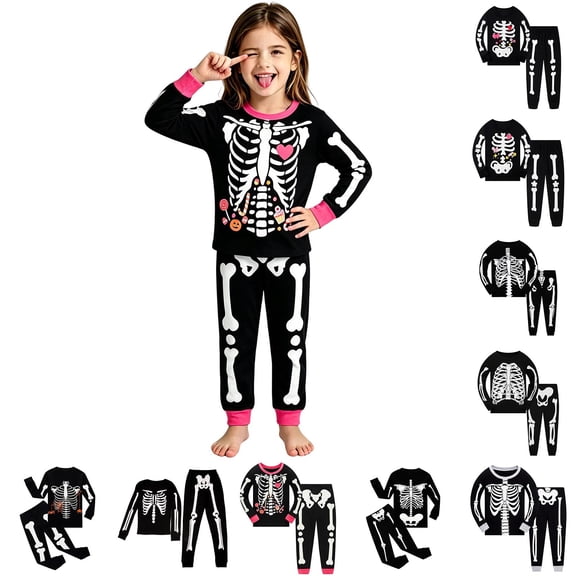 Halloween Pajamas Kids Long Sleeve Crewneck Skeleton Pajamas Graphic Sleepwear Lounge Set Pajamas for Girls Size 2-10 Years