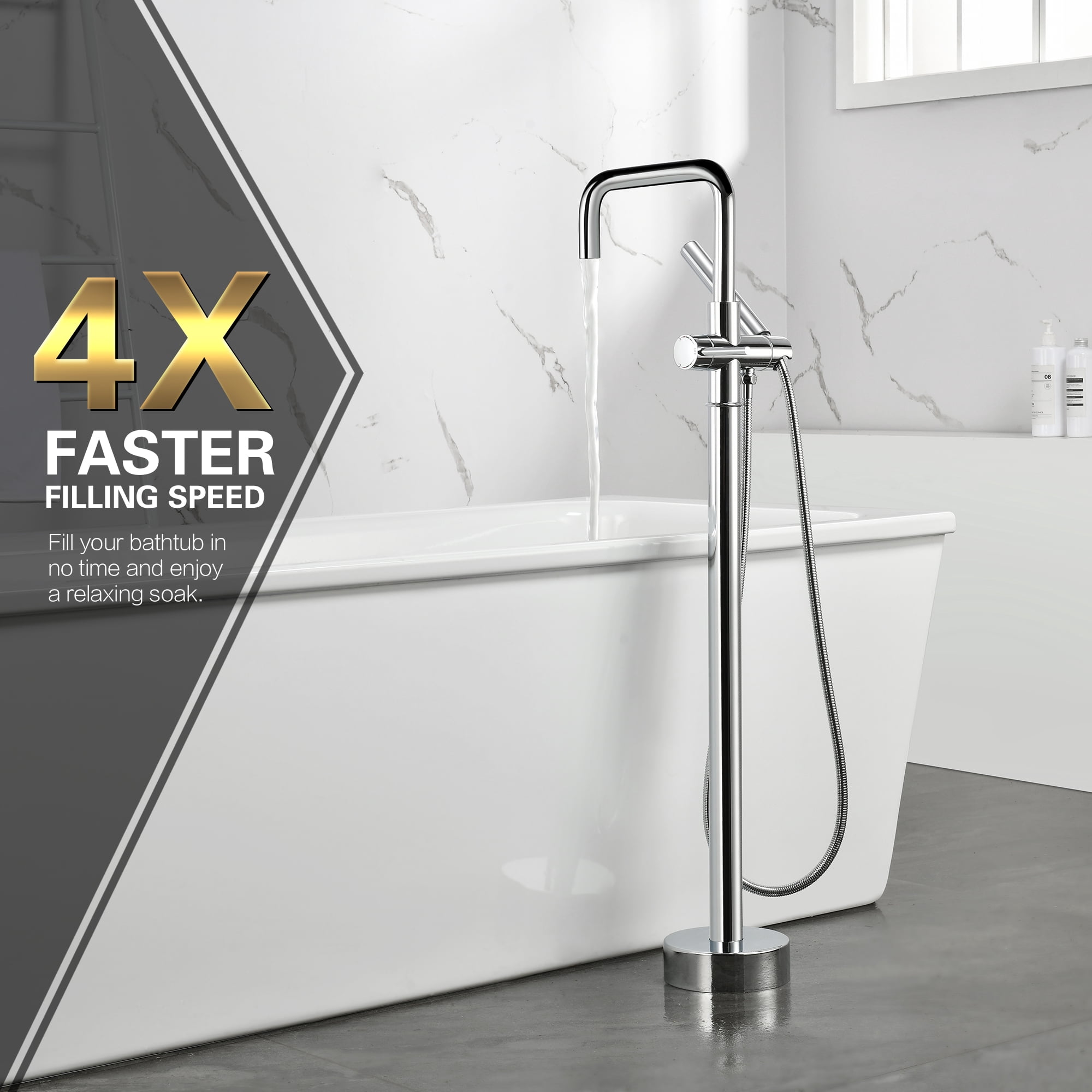 sumerain Freestanding Bathtub Faucet with Hand Shower, Floor Mount Tub Faucet Brass Single Handle High Flow Chrome