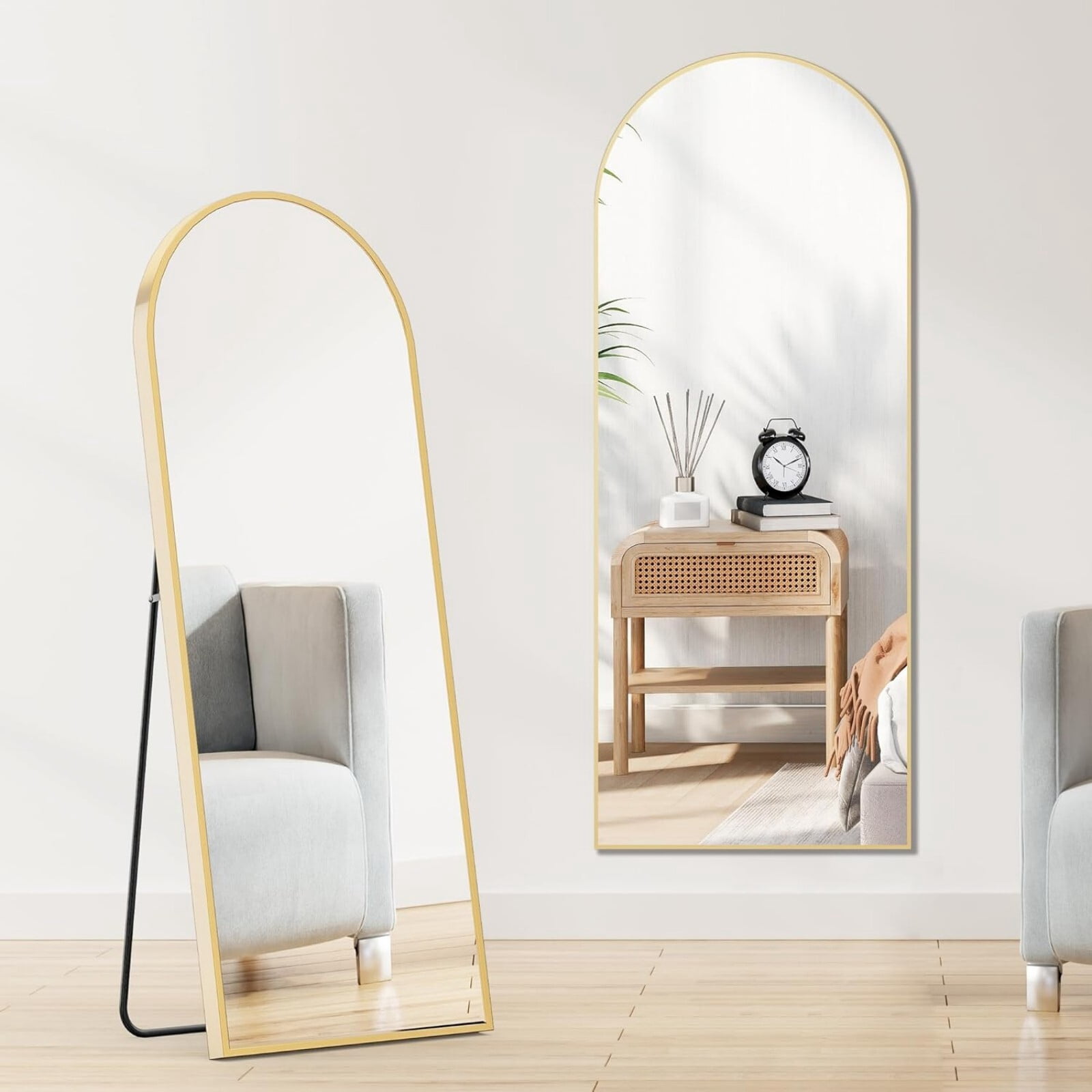 Mirrasia 21.1"x64" Arched Full Length Metal Mirror with stand, Gold