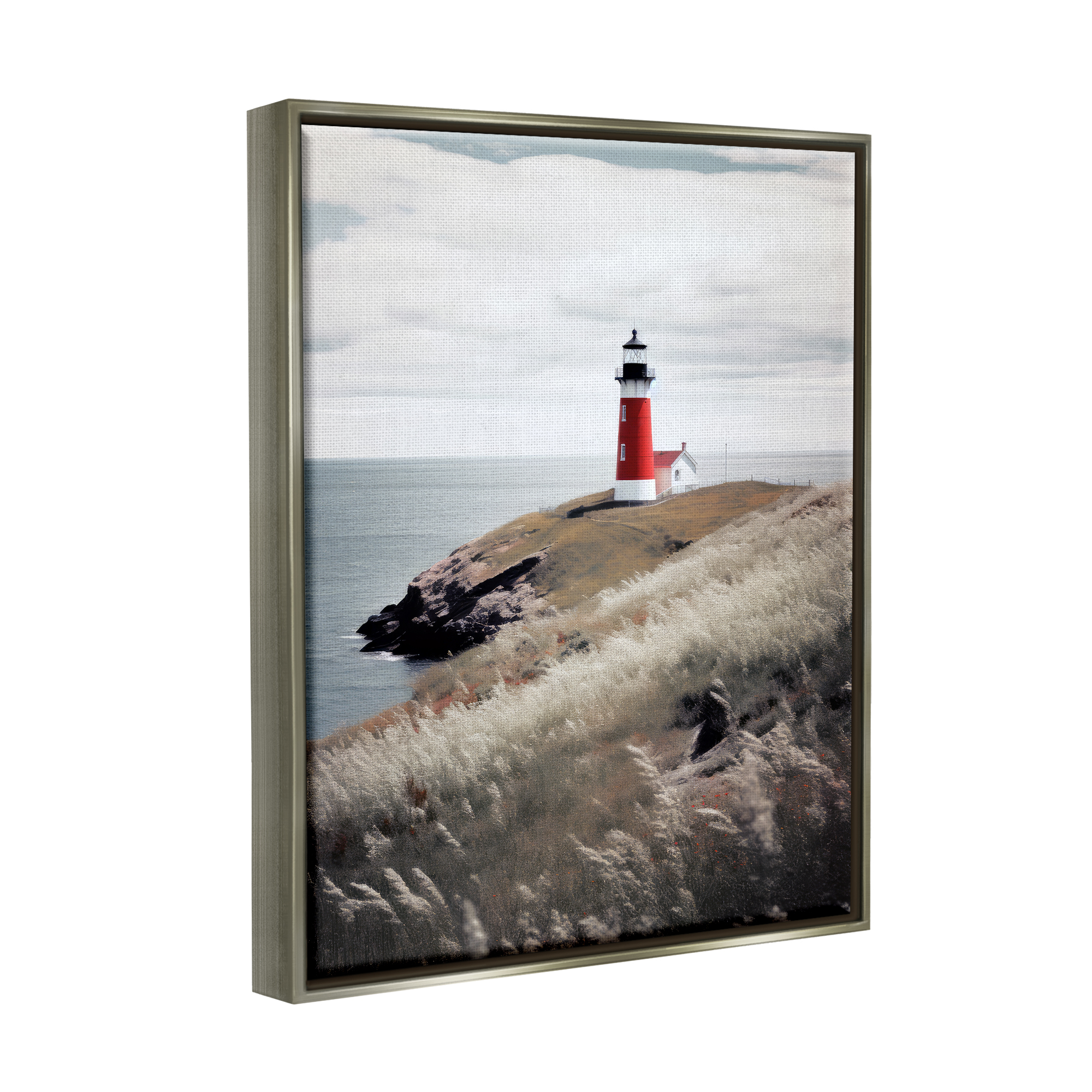 Stupell Industries Red Lighthouse Landscape Landscape Photography Gray Floater Framed Canvas Art Print Wall Art, 25 x 31