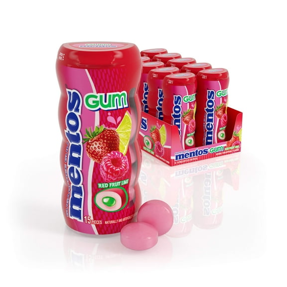 Mentos SugarFree Chewing Gum MFF30 with Xylitol 15 Piece Bottle Bulk Pack of, Red Fruit & Lime, (Pack of 10)