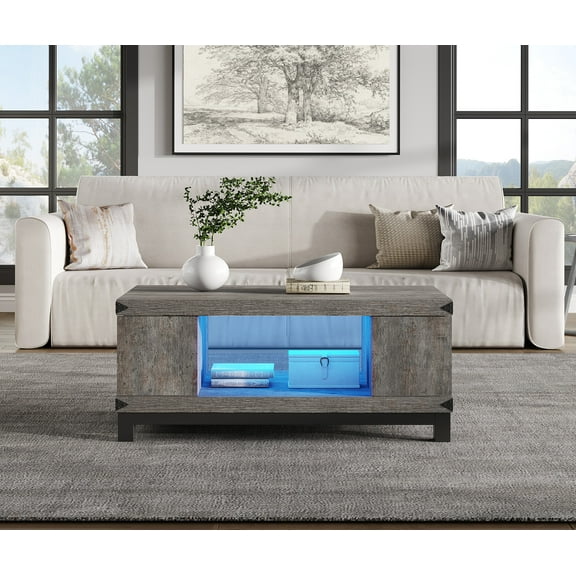 Wood LED Coffee Table for Living Room, Rustic Gray