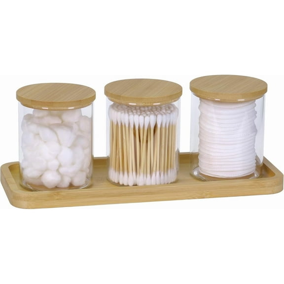 Qtip Holder with Vanity Tray,3-PackAcrylic Apothecary Jars with Lids & Bamboo Tray, Bathroom Organizer Set for Cotton Balls, Swabs, Hair Ties, Jewelry, and Toiletries