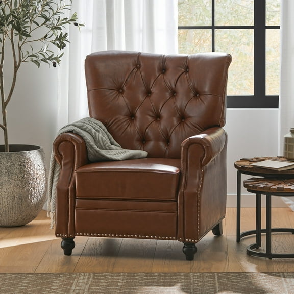 Button Tufted Pushback Recliner Chair - Contemporary Faux Leather Armchair in Light Brown with Nailhead Accents, Perfect for Living Room & Home Theater