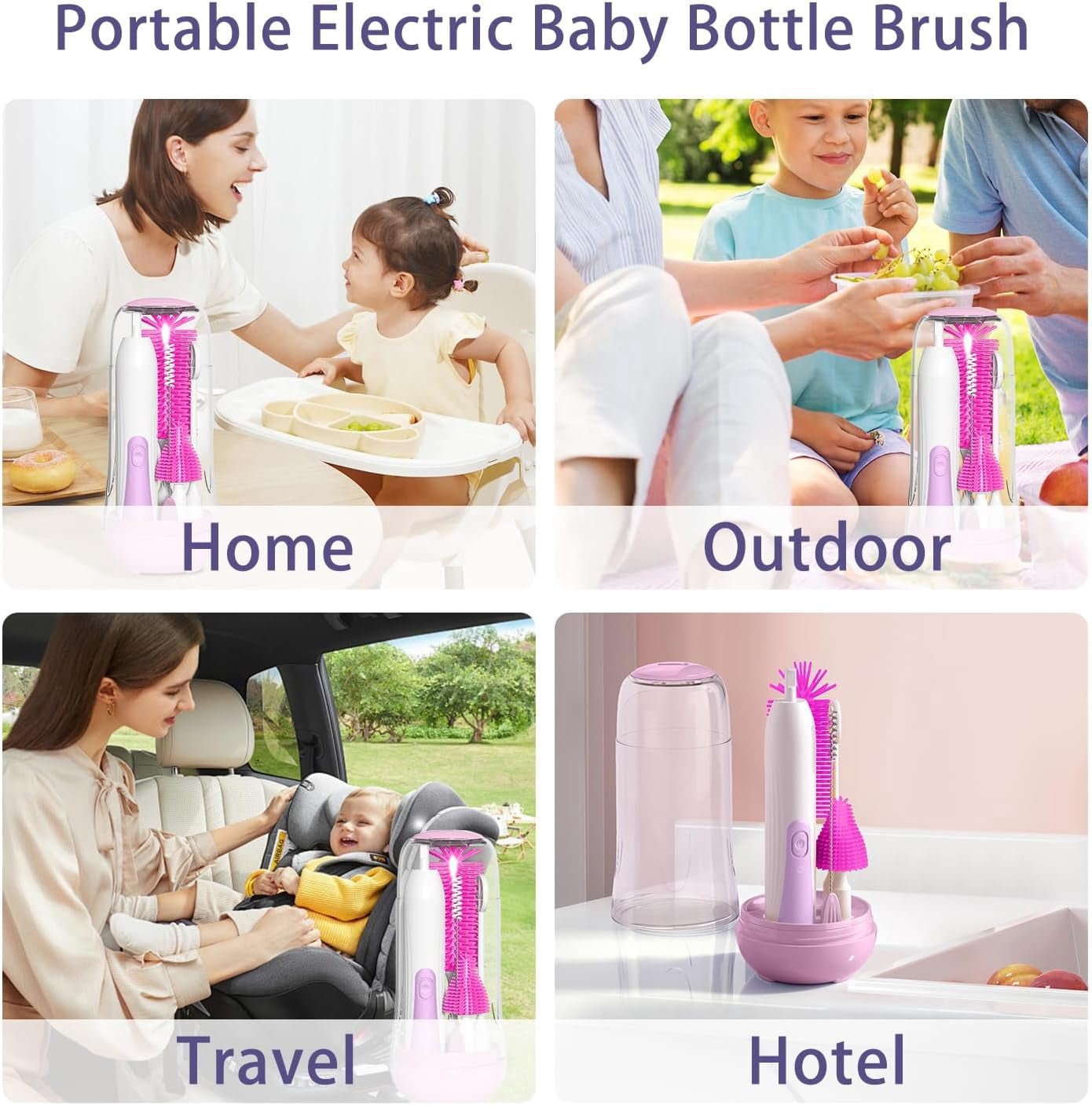 DEA Electric Bottle Brush Cleaner, Portable Baby Bottle Washer, Travel Bottle Cleaner Brush Set with Silicone Bottle & Nipple & Straw Brush(Purple)
