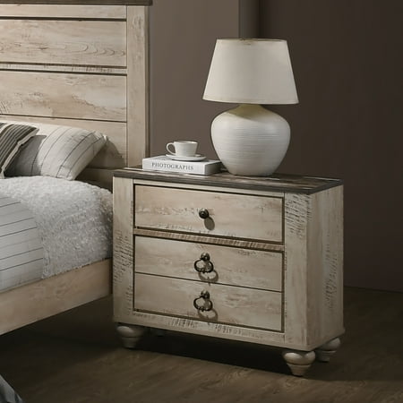 *incomplete, nightstand only* Roundhill Imerland Contemporary White Wash Finish Patched Wood Top 3-drawer Nightstand