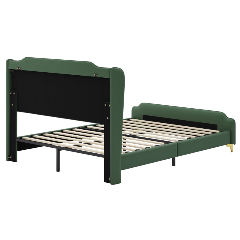 [Luckynote]Queen Size Leather Bed frame with Wingback Headboard & Footboard, PU Upholstered Platform bed, Solid Wooden Slats Support, Easy Assembly