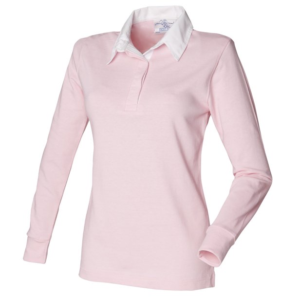 Front Row- Polo liso de manga larga con cuello tipo rugby para mujer (Rosa pálido/Blanco)