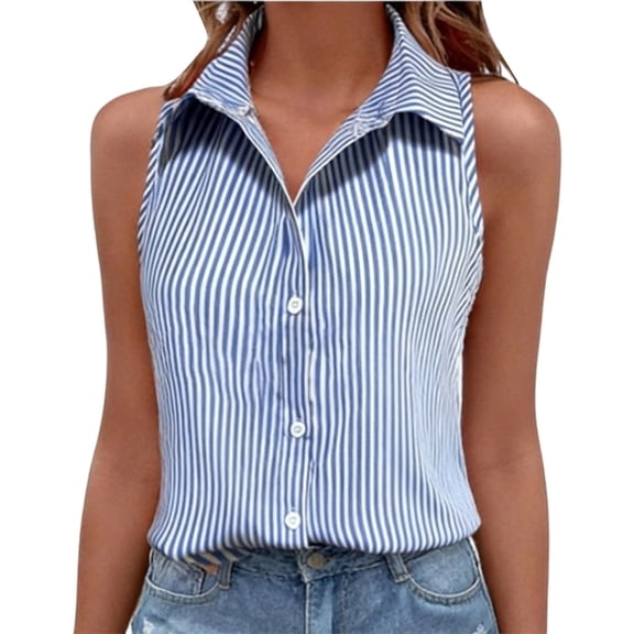 ClodeEU Women's Striped Sleeveless Button Down Shirt, Collared Casual Blouse Blue,Women's Plus L