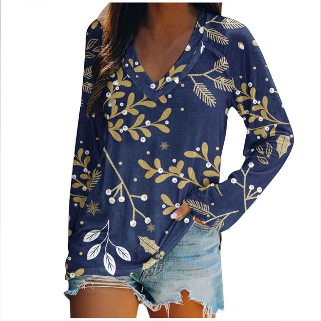 Camiseta de manga larga estampada convencional con cuello en V informal para mujer a la moda Fridja FKASFK3588