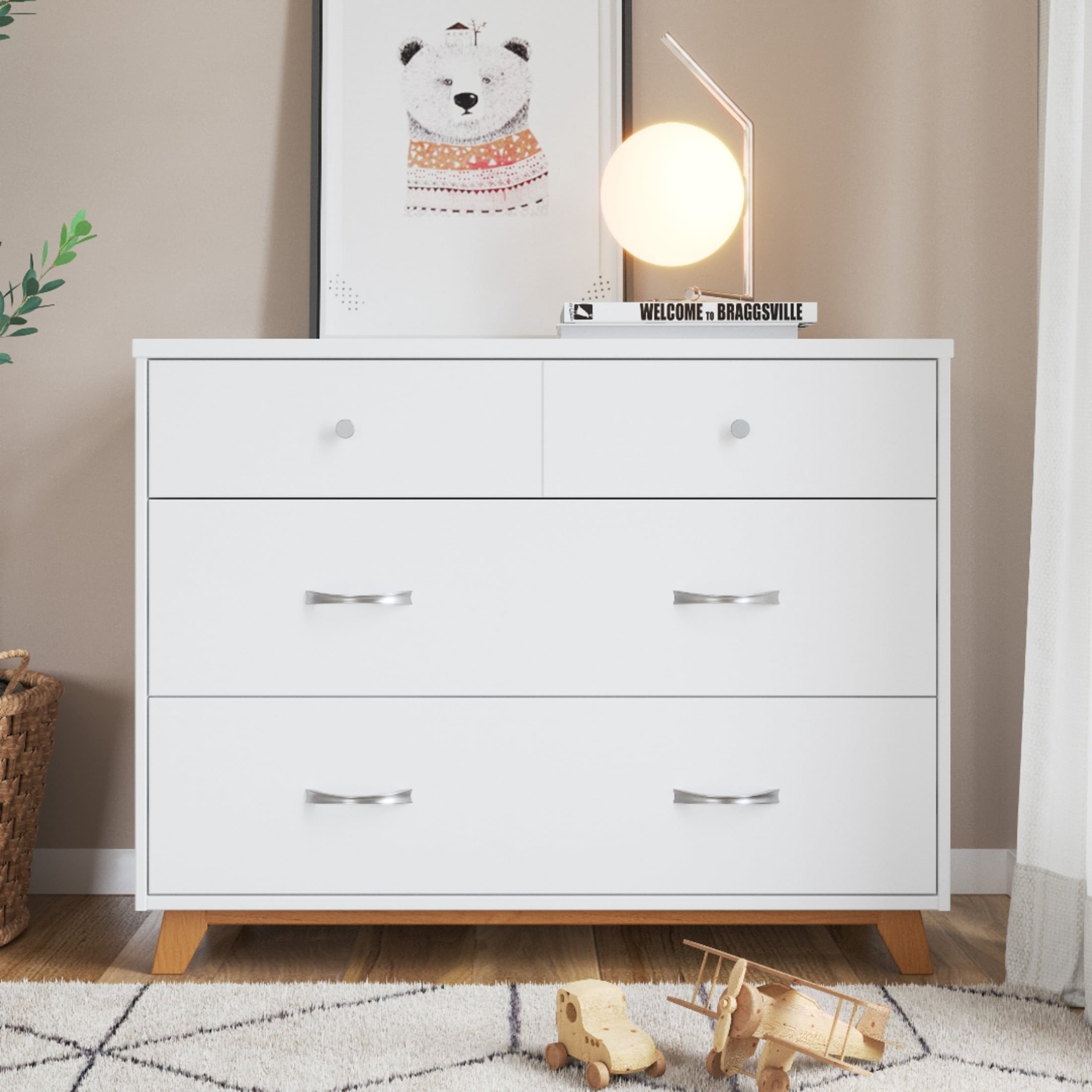Child Craft SOHO Crib, Dresser, Chest & Nightstand Nursery Set, 4-in-1 Convertible Crib, White/Natural, 4-Piece