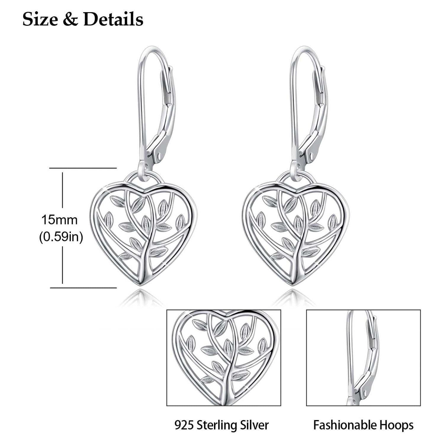 AOVEAO Heart Leverback Earrings 925 Sterling Silver Tree of Life Dangle Earrings 18K White Gold Plated Jewelry for Women Wife Mom Birthday Xmas Gift for Sensitive Ears