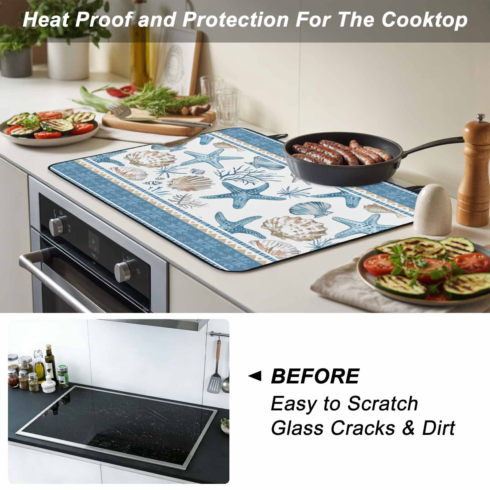 Blue Coastal Nautical Stove Top Cover for Electric Stove, Heat-proof & Non Slip Glass Top Stove Cover Protector, Summer Beach Starfish Shell Coral Kitchen Flat Cooktop Rubber Mat 24x21 Inches