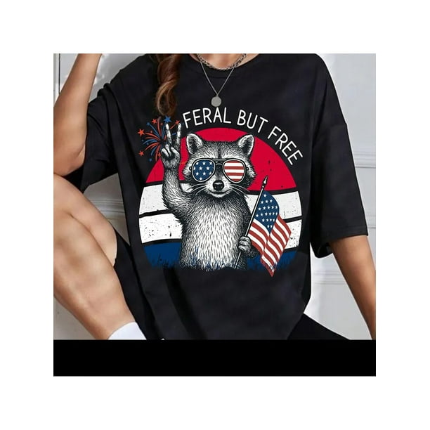 Feral But Raccoon Shirt - Vintage Patriotic 4th of July Tee USA Flag and Fireworks Graphic TOP Funny Independence T-Shirt Classic Unisex