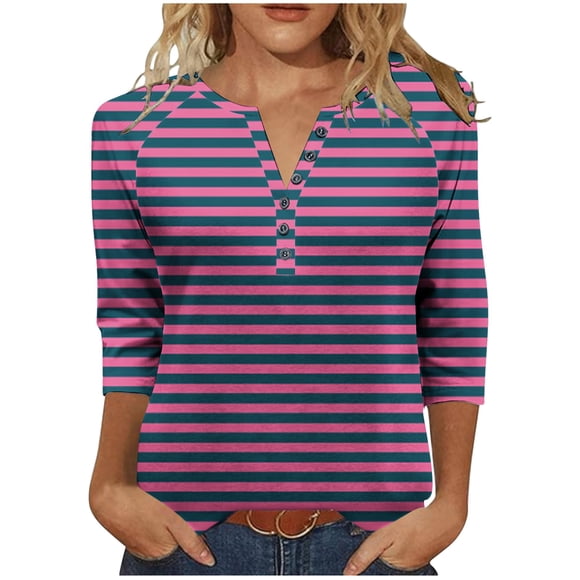 HongQid Women's Casual 3/4 Sleeve T Shirts Button V Neck Tunic Blouses Striped Basic Tee Tops Loose Fit Shirt