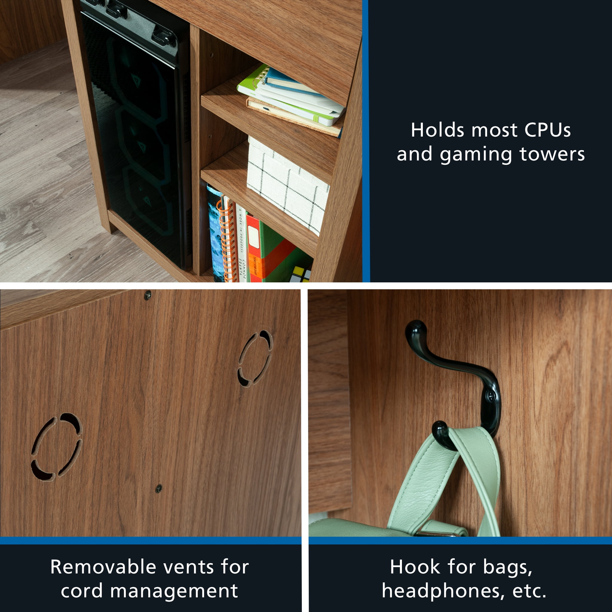 Mainstays Westley Adjustable Shelf Desk with Gaming Headphone Hook and Cable Management, Warm Walnut Finish