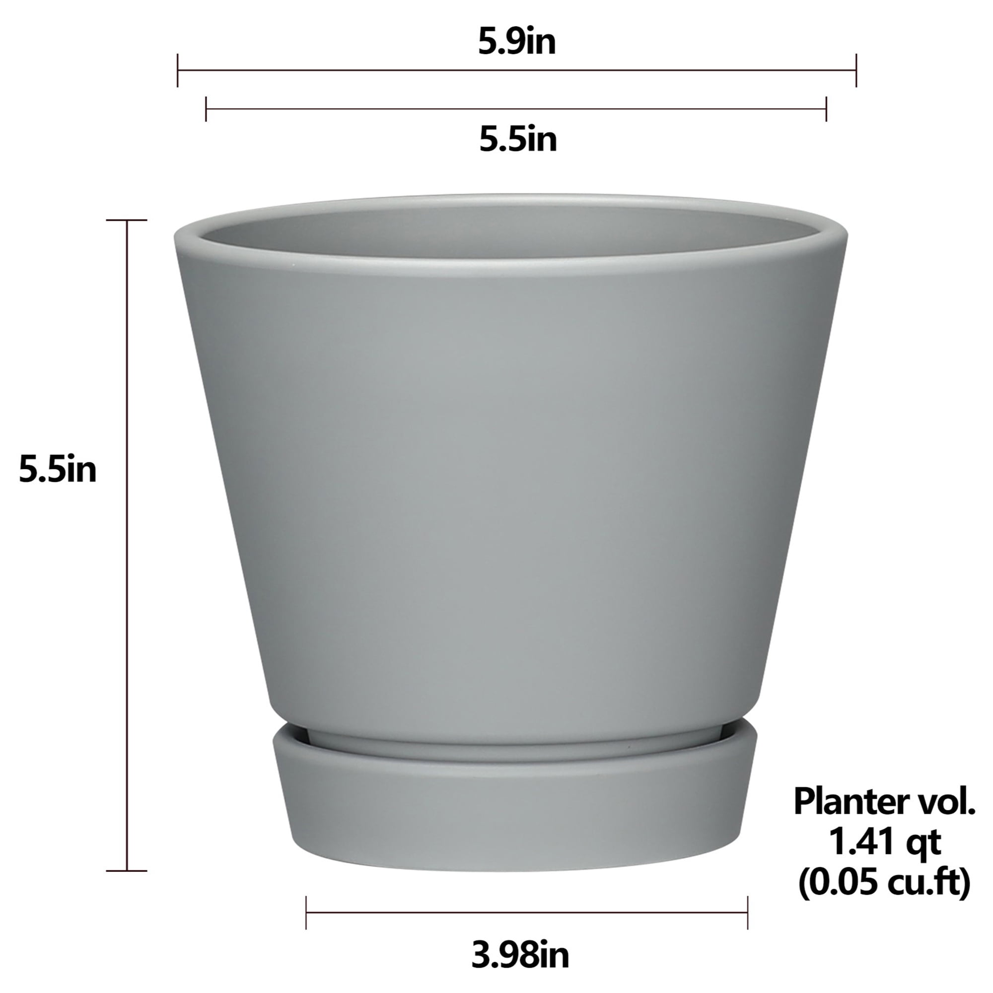 Mainstays Recycled Resin Planter with Attached Saucer, Gray, 5.9in x 5.9in x 5.5in