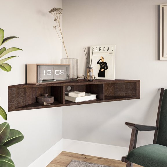 BELLEZE Modern Floating Wall Mounted Corner Shelf, 47" TV Console With Three Shelves And A Cable Cutout, Space Saving Decorative Media Corner Storage - Russel (Espresso)