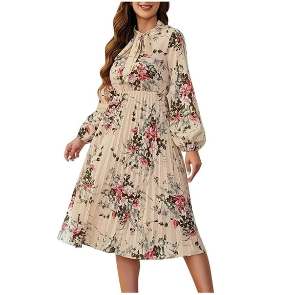 Hvot&aat Women's Elegant Floral Dress Lantern Sleeve High Waist Pleated Midi Dress