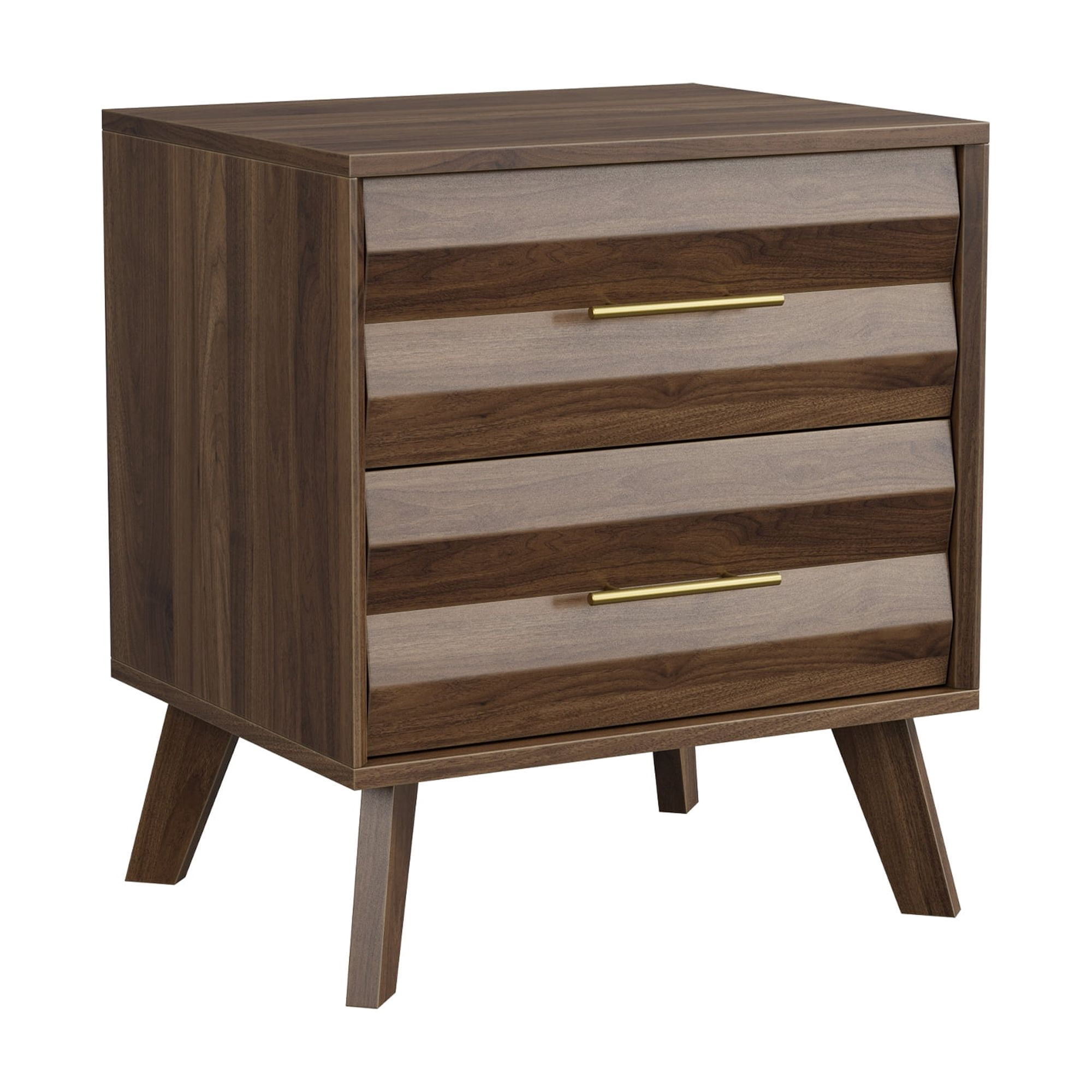 Walnut Bedside Table with Double Drawers and Metal Handles, Modern Nightstand and Side Storage Cabinet for Bedroom, Medieval-Style Design, Walnut